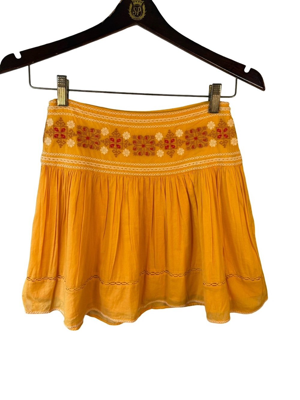 Sunday Best Mustard Yellow Embroidered Mini Skirt Size 00 Boho Cottagecore